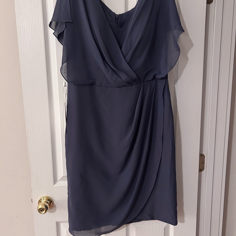 JJs House Blue Ruched Wrap Mini Dress for Wedding Guests